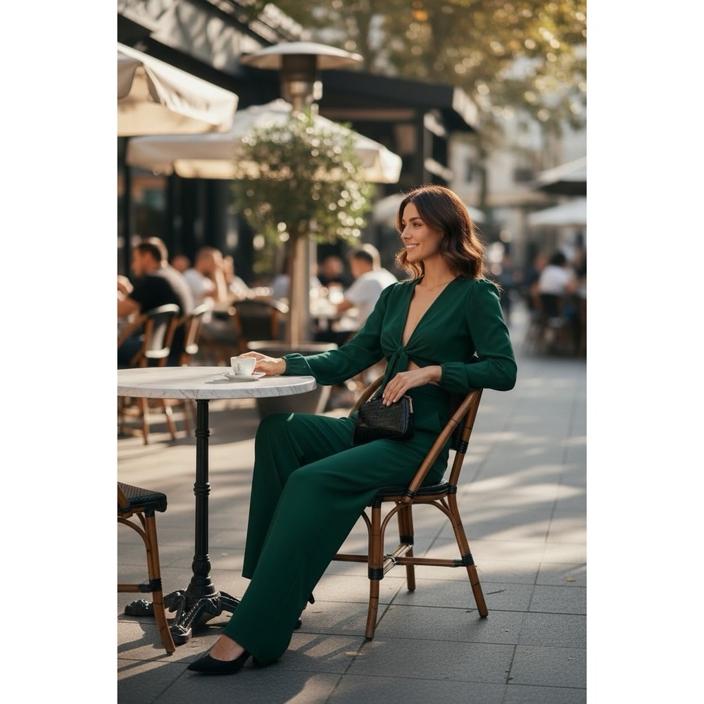 Reformation Sz 4 Emerald Green Long Sleeve Tie Cut Out Front Wide Leg Jumpsuit - Picture 2 of 13